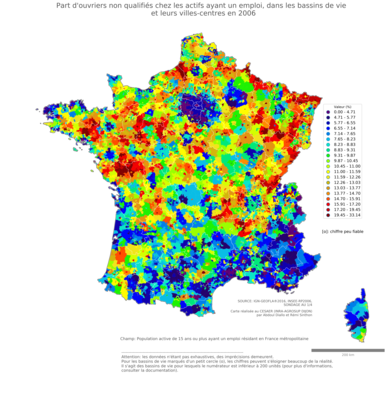 Part d'ouvriers non qualifiés chez les actifs ayant un emploi - bv2006
Mots-clés: profession;classes populaires;bassins de vie