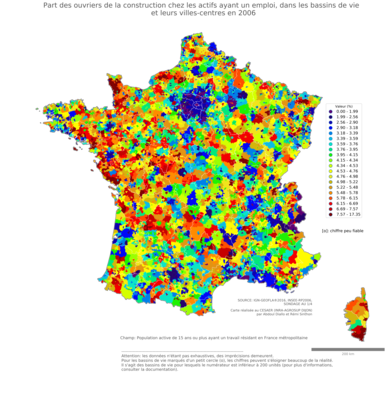 Part des ouvriers de la construction chez les actifs ayant un emploi - bv2006
Mots-clés: profession;secteur d-activité;bassins de vie