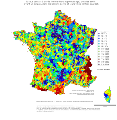 % sous contrat à durée limitée (hors apprentissage) chez les actifs ayant un emploi - bv2006
Mots-clés: conditions de travail et d-emploi;classes populaires;bassins de vie