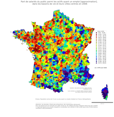 Part de salariés du public parmi les actifs ayant un emploi [approximation] - bv2006
Mots-clés: profession;sexe;femmes;fonction publique ou indépendance;bassins de vie