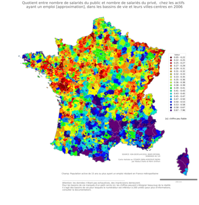 Quotient entre nombre de salariés du public et nombre de salariés du privé,  chez les actifs ayant un emploi [approximation] - bv2006
Mots-clés: profession;sexe;femmes;fonction publique ou indépendance;bassins de vie