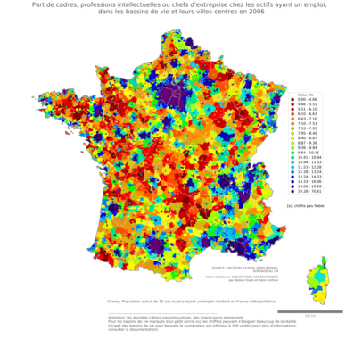 Part de cadres, professions intellectuelles ou chefs d'entreprise chez les actifs ayant un emploi - bv2006
Mots-clés: profession;classes supérieures;bassins de vie