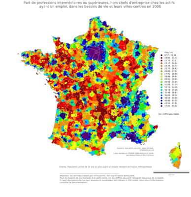 Part de professions intermédiaires ou supérieures, hors chefs d'entreprise chez les actifs ayant un emploi - bv2006
Mots-clés: profession;sexe;femmes;classes supérieures;bassins de vie