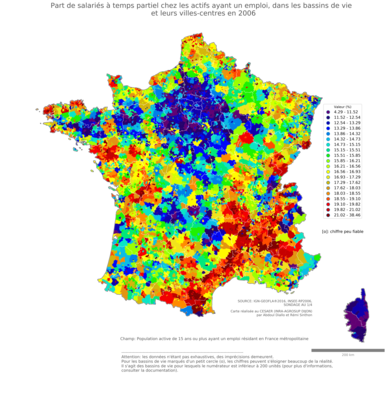 Part de salariés à temps partiel chez les actifs ayant un emploi - bv2006
Mots-clés: conditions de travail et d-emploi;bassins de vie