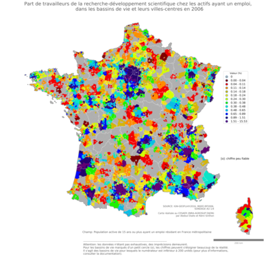 Part de travailleurs de la recherche'développement scientifique chez les actifs ayant un emploi - bv2006
Mots-clés: secteur d-activité;bassins de vie