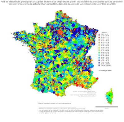 Part de résidences principales occupées en tant que propriétaire parmi les résidences principales dont la personne de référence est sans activité (hors retraités) - bv2006
Mots-clés: résidence et logement;chômage;conditions d-existence;classes populaires;bassins de vie