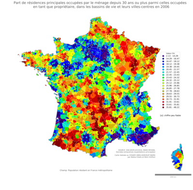 Part de résidences principales occupées par le ménage depuis 30 ans ou plus parmi celles occupées en tant que propriétaire - bv2006
Mots-clés: résidence et logement;conditions d-existence;bassins de vie