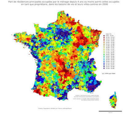 Part de résidences principales occupées par le ménage depuis 4 ans ou moins parmi celles occupées en tant que propriétaire - bv2006
Mots-clés: résidence et logement;conditions d-existence;bassins de vie