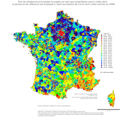 Part de résidences principales occupées en tant que propriétaire parmi celles dont la personne de référence est employé.e - bv2006
Mots-clés: résidence et logement;profession;conditions d-existence;classes populaires;bassins de vie