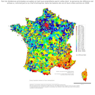 Part de résidences principales occupées en tant que propriétaire parmi celles dont la personne de référence est artisan.e, commerçant.e ou chef d'entreprise - bv2006
Mots-clés: résidence et logement;profession;conditions d-existence;fonction publique ou indépendance;bassins de vie