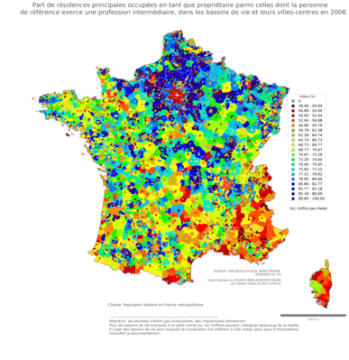 Part de résidences principales occupées en tant que propriétaire parmi celles dont la personne de référence exerce une profession intermédiaire - bv2006
Mots-clés: résidence et logement;profession;conditions d-existence;bassins de vie