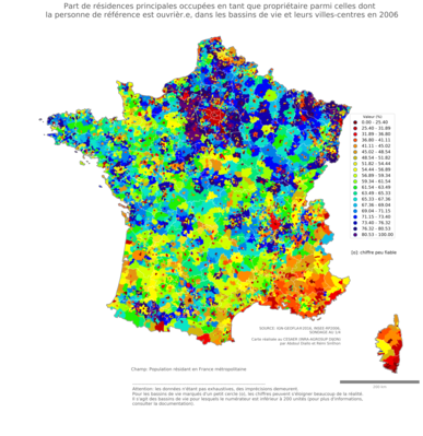 Part de résidences principales occupées en tant que propriétaire parmi celles dont la personne de référence est ouvrièr.e - bv2006
Mots-clés: résidence et logement;profession;conditions d-existence;classes populaires;bassins de vie