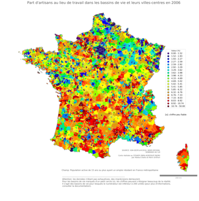 Part d'artisans au lieu de travail - bv2006
Mots-clés: profession;lieu de travail;fonction publique ou indépendance;bassins de vie