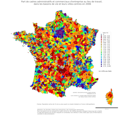 Part de cadres administratifs et commerciaux d'entreprise au lieu de travail - bv2006
Mots-clés: profession;lieu de travail;classes supérieures;bassins de vie