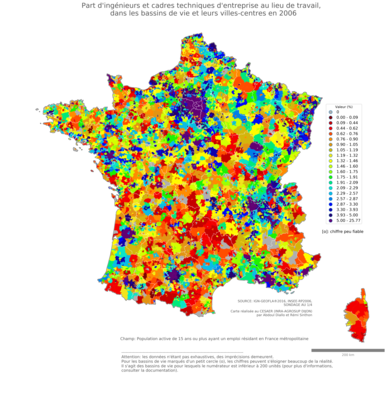 Part d'ingénieurs et cadres techniques d'entreprise au lieu de travail - bv2006
Mots-clés: profession;lieu de travail;classes supérieures;bassins de vie