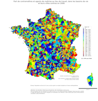 Part de contremaîtres et agents de maîtrise au lieu de travail - bv2006
Mots-clés: profession;lieu de travail;bassins de vie