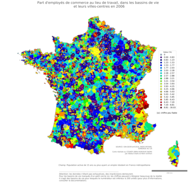 Part d'employés de commerce au lieu de travail - bv2006
Mots-clés: profession;lieu de travail;classes populaires;bassins de vie