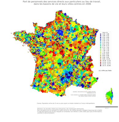 Part de personnels des services directs aux particuliers au lieu de travail - bv2006
Mots-clés: profession;lieu de travail;classes populaires;bassins de vie