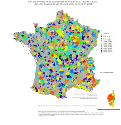 Part de femmes chez les policiers et militaires au lieu de travail - bv2006
Mots-clés: profession;sexe;femmes;lieu de travail;bassins de vie