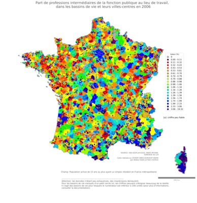 Part de professions intermédiaires de la fonction publique au lieu de travail - bv2006
Mots-clés: profession;lieu de travail;fonction publique ou indépendance;bassins de vie