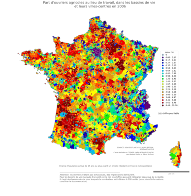 Part d'ouvriers agricoles au lieu de travail - bv2006
Mots-clés: profession;lieu de travail;classes populaires;bassins de vie