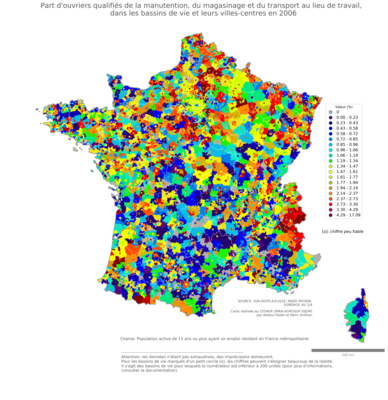 Part d'ouvriers qualifiés de la manutention, du magasinage et du transport au lieu de travail - bv2006
Mots-clés: profession;lieu de travail;classes populaires;bassins de vie