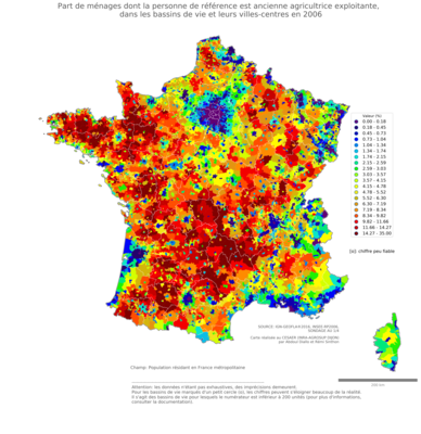 Part de ménages dont la personne de référence est ancienne agricultrice exploitante - bv2006
Mots-clés: profession;âge;fonction publique ou indépendance;bassins de vie