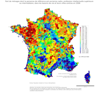 Part de ménages dont la personne de référence est ancienne cadre, profession intellectuelle supérieure ou intermédiaire - bv2006
Mots-clés: profession;âge;classes supérieures;bassins de vie