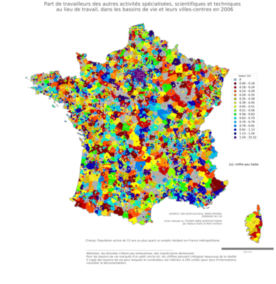 Part de travailleurs des autres activités spécialisées, scientifiques et techniques au lieu de travail - bv2006
Mots-clés: secteur d-activité;lieu de travail;bassins de vie