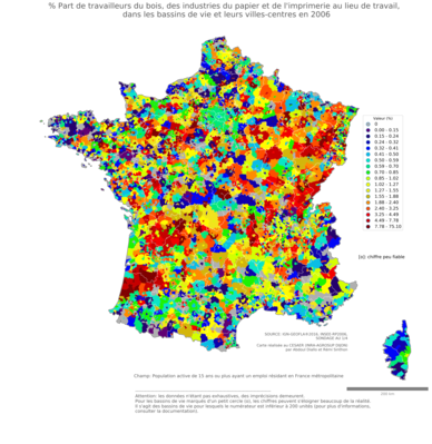 % Part de travailleurs du bois, des industries du papier et de l'imprimerie au lieu de travail - bv2006
Mots-clés: secteur d-activité;lieu de travail;bassins de vie