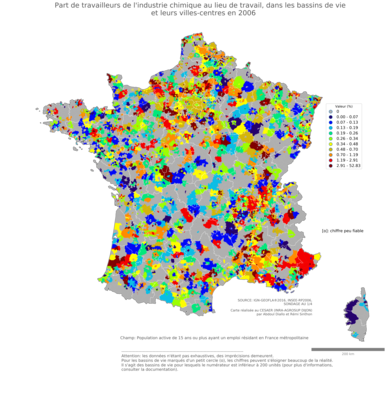 Part de travailleurs de l'industrie chimique au lieu de travail - bv2006
Mots-clés: secteur d-activité;lieu de travail;bassins de vie