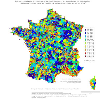 Part de travailleurs du commerce, de la réparation d'automobiles et de motocycles au lieu de travail - bv2006
Mots-clés: secteur d-activité;lieu de travail;bassins de vie