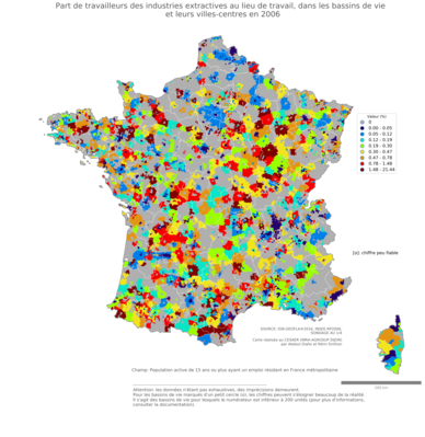 Part de travailleurs des industries extractives au lieu de travail - bv2006
Mots-clés: secteur d-activité;lieu de travail;bassins de vie