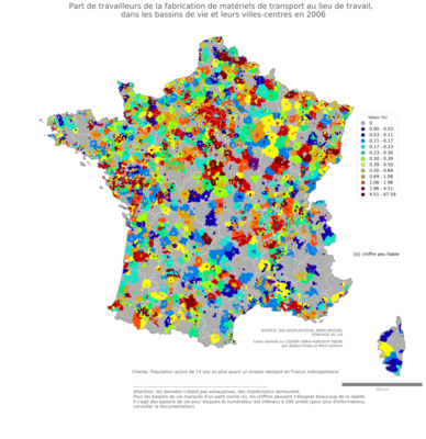 Part de travailleurs de la fabrication de matériels de transport au lieu de travail - bv2006
Mots-clés: secteur d-activité;lieu de travail;bassins de vie