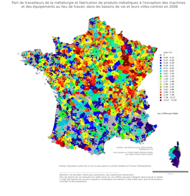 Part de travailleurs de la métallurgie et fabrication de produits métalliques à l'exception des machines et des équipements au lieu de travail - bv2006
Mots-clés: secteur d-activité;lieu de travail;bassins de vie