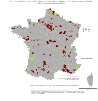 Part de travailleurs de la cokéfaction et du raffinage au lieu de travail - bv2006
Mots-clés: secteur d-activité;lieu de travail;bassins de vie