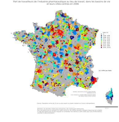 Part de travailleurs de l'industrie pharmaceutique au lieu de travail - bv2006
Mots-clés: secteur d-activité;lieu de travail;bassins de vie