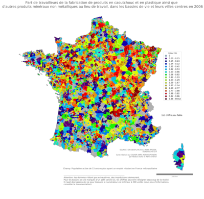 Part de travailleurs de la fabrication de produits en caoutchouc et en plastique ainsi que d'autres produits minéraux non métalliques au lieu de travail - bv2006
Mots-clés: secteur d-activité;lieu de travail;bassins de vie