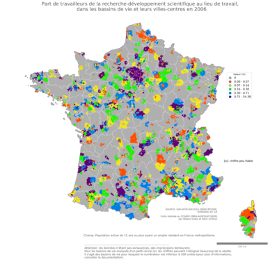 Part de travailleurs de la recherche'développement scientifique au lieu de travail - bv2006
Mots-clés: secteur d-activité;lieu de travail;bassins de vie