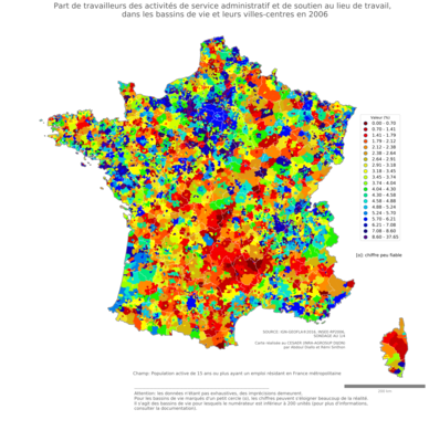 Part de travailleurs des activités de service administratif et de soutien au lieu de travail - bv2006
Mots-clés: secteur d-activité;lieu de travail;bassins de vie