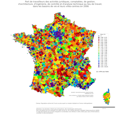 Part de travailleurs des activités juridiques, comptables, de gestion, d'architecture, d'ingénierie, de contrôle et d'analyse technique au lieu de travail - bv2006
Mots-clés: secteur d-activité;lieu de travail;bassins de vie