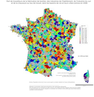 Part de travailleurs de la fabrication de textiles, des industries de l'habillement, de l'industrie du cuir et de la chaussure au lieu de travail - bv2006
Mots-clés: secteur d-activité;lieu de travail;bassins de vie