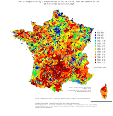 Part d'indépendants (y.c. employeurs) au lieu de travail - bv2006
Mots-clés: profession;lieu de travail;fonction publique ou indépendance;bassins de vie