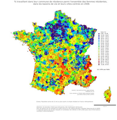 % travaillant dans leur commune de résidence parmi l'ensemble des femmes résidentes - bv2006
Mots-clés: résidence et logement;sexe;femmes;bassins de vie