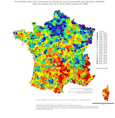 % travaillant dans leur commune de résidence parmi l'ensemble des hommes résidents - bv2006
Mots-clés: résidence et logement;sexe;hommes;bassins de vie