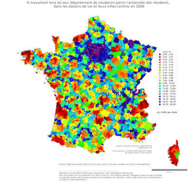 % travaillant hors de leur département de résidence parmi l'ensemble des résidents - bv2006
Mots-clés: résidence et logement;bassins de vie