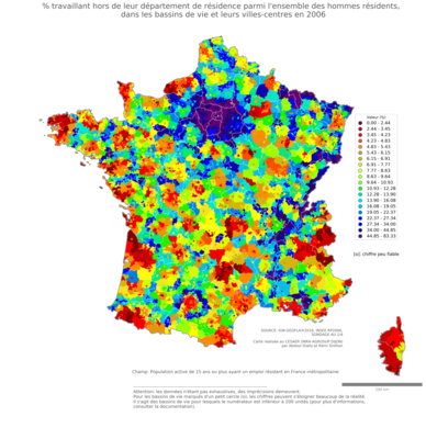 % travaillant hors de leur département de résidence parmi l'ensemble des hommes résidents - bv2006
Mots-clés: résidence et logement;sexe;hommes;bassins de vie