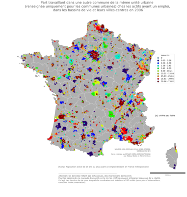 Part travaillant dans une autre commune de la même unité urbaine (renseignée uniquement pour les communes urbaines) chez les actifs ayant un emploi - bv2006
Mots-clés: lieu de travail;conditions de travail et d-emploi;bassins de vie