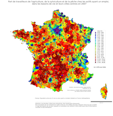 Part de travailleurs de l'agriculture, de la sylviculture et de la pêche chez les actifs ayant un emploi - bv2006
Mots-clés: secteur d-activité;bassins de vie