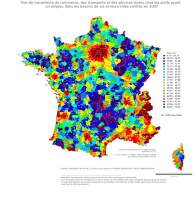 Part de travailleurs du commerce, des transports et des services divers chez les actifs ayant un emploi - bv2006
Mots-clés: secteur d-activité;bassins de vie